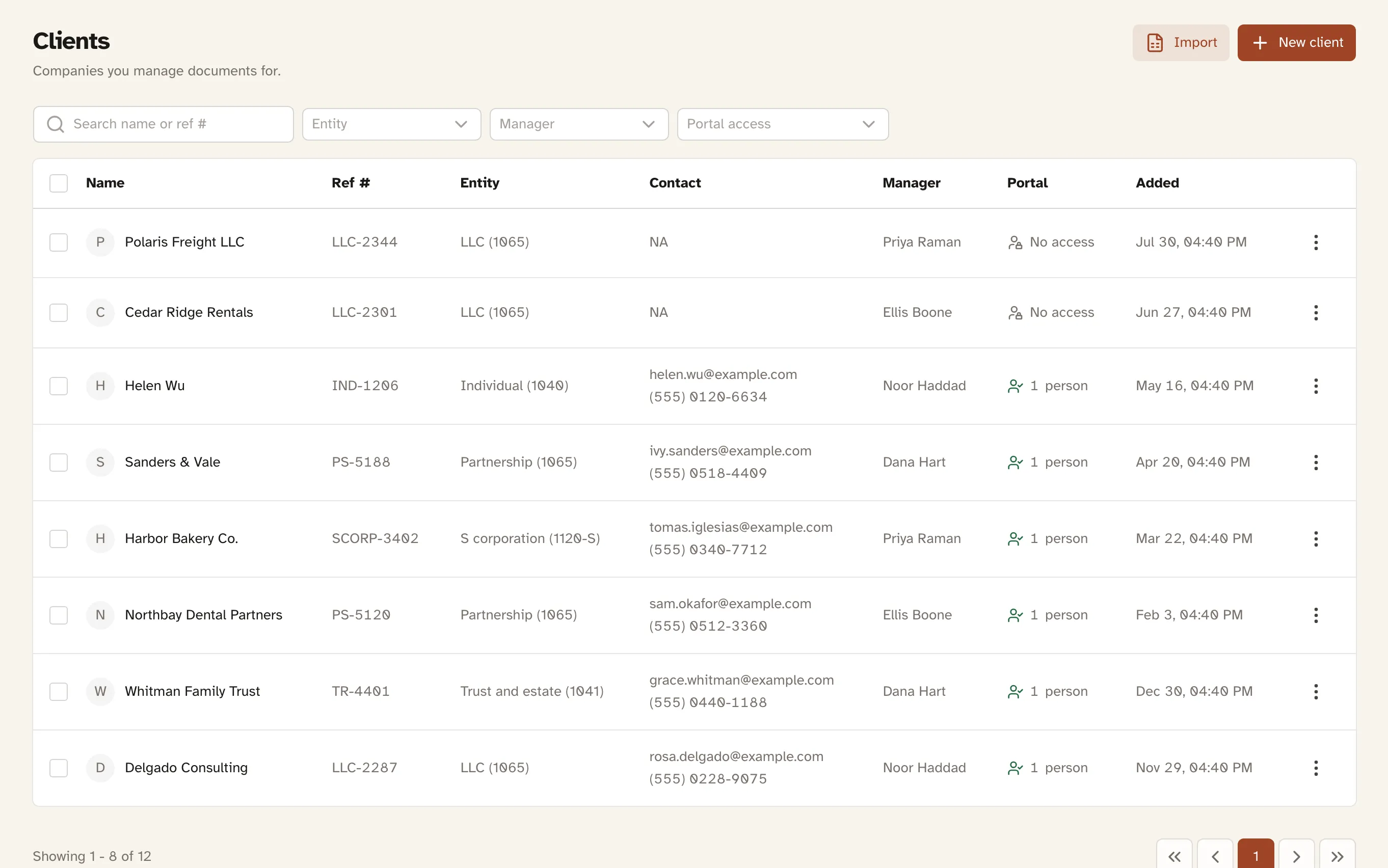 The client list, showing a reference number, entity type, contact details, relationship manager, portal access state, and date added for each client.