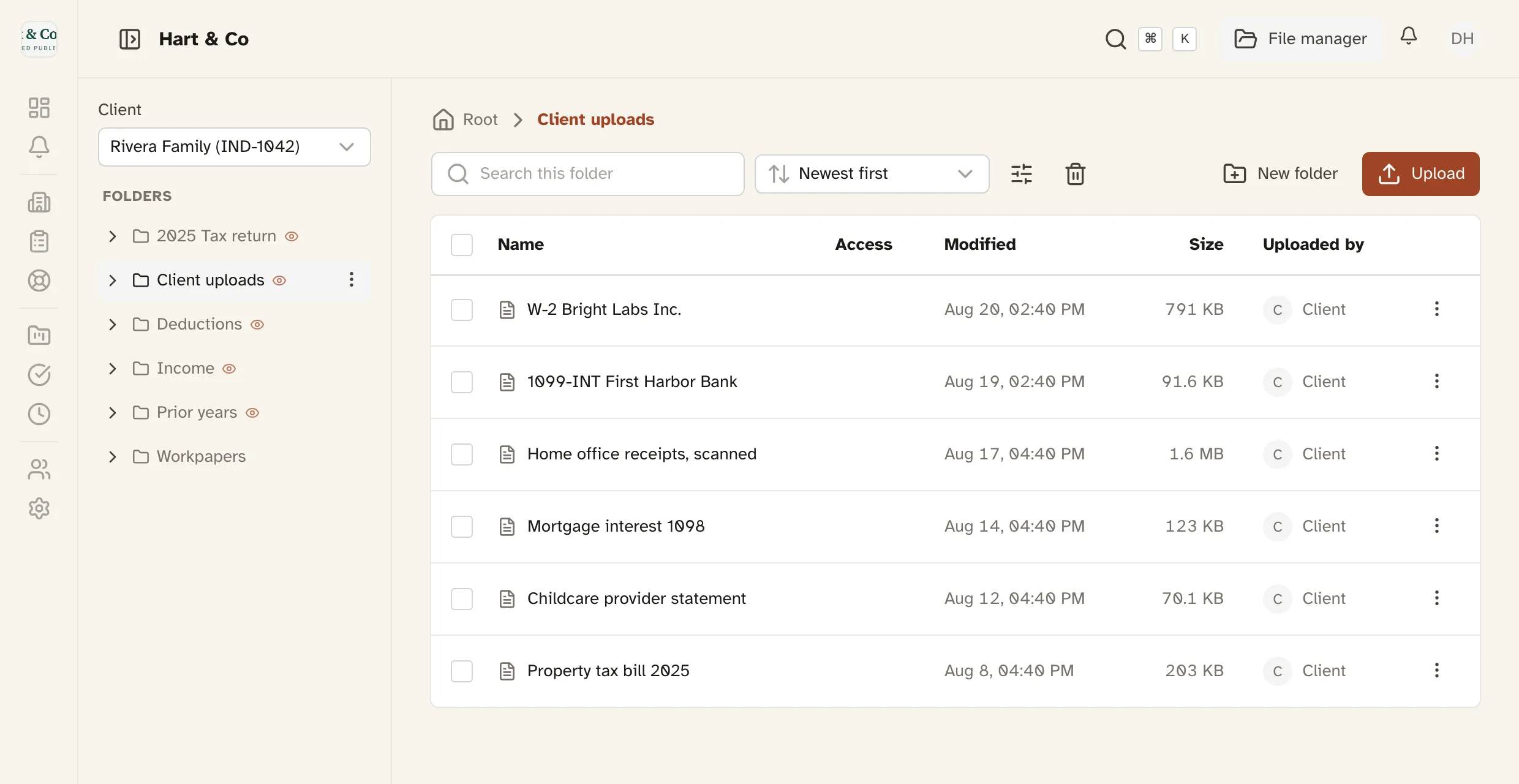 The file manager: a client's folder tree on the left, and the documents they uploaded listed with the date, the size, and the fact that the client sent them.