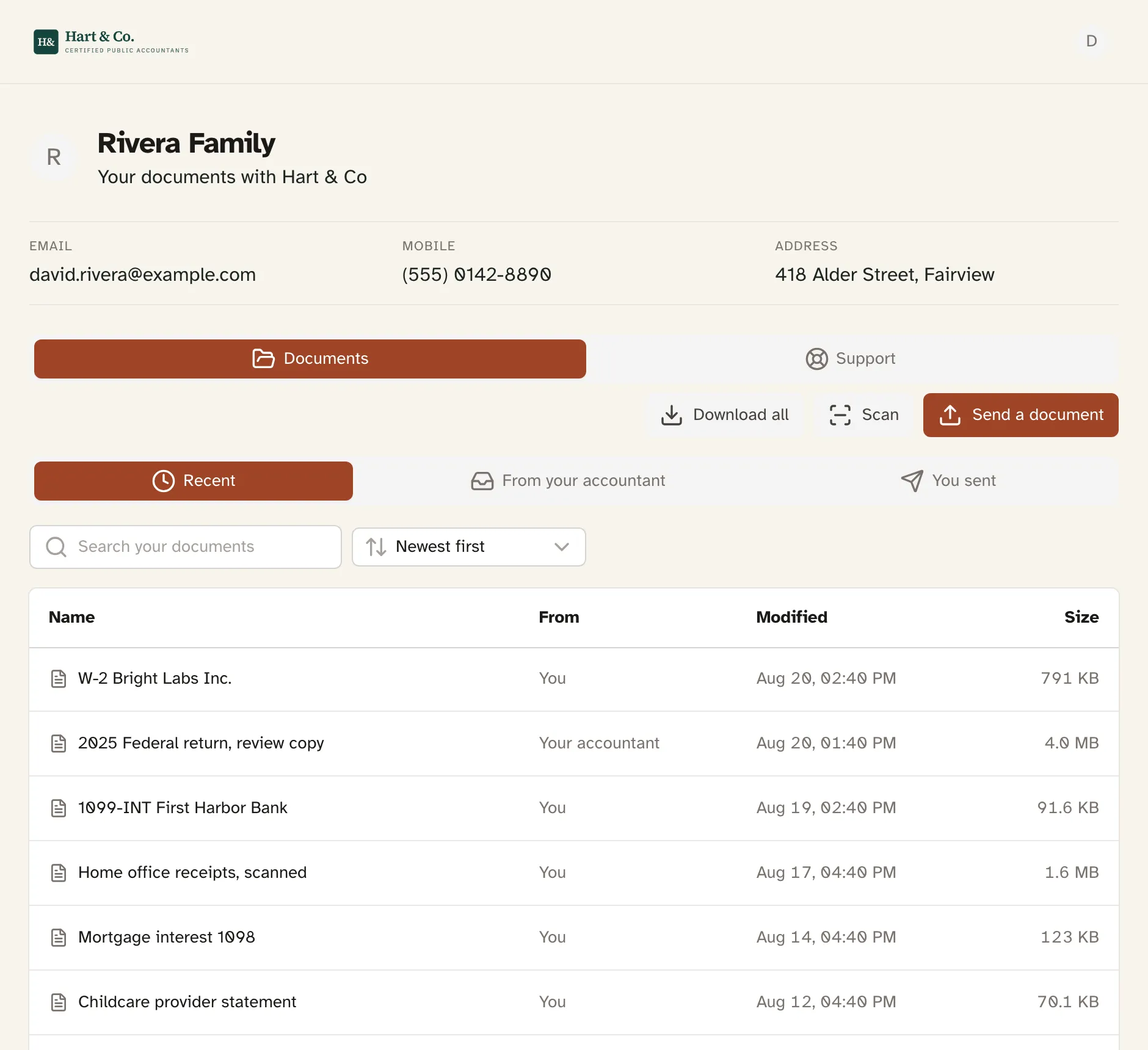 A client portal carrying the firm's own logo, listing every document in one flat newest-first list, each marked as sent by the client or by their accountant.