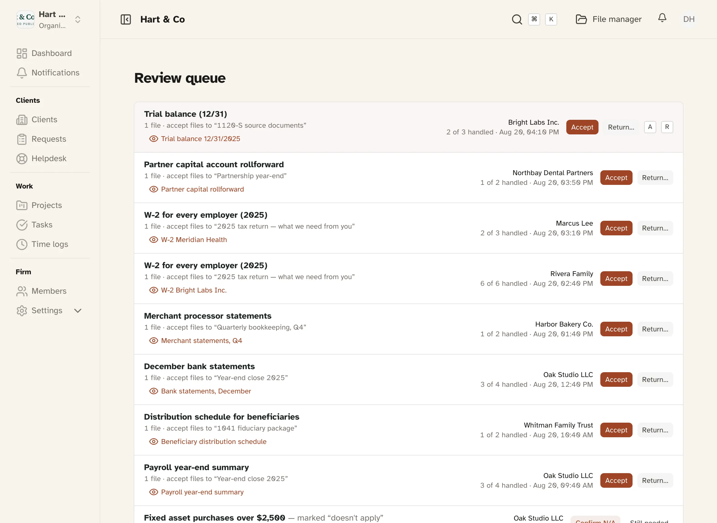 The BrightReturn review queue: uploads from four different clients in one list, each row offering Accept or Return.